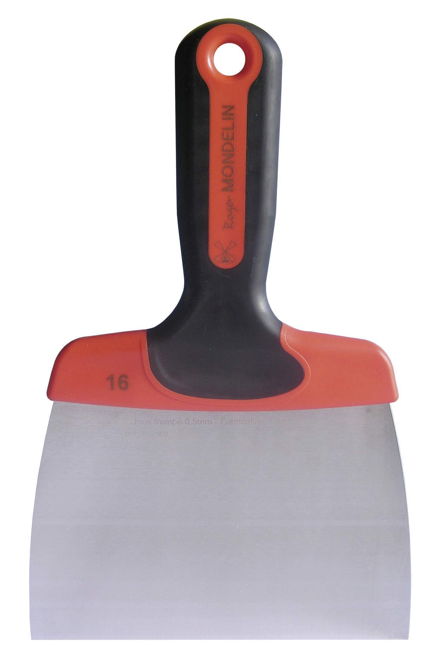 Rot-schwarzer Spachtel mit breiter silberner Klinge und 16-cm-Markierung am Griff