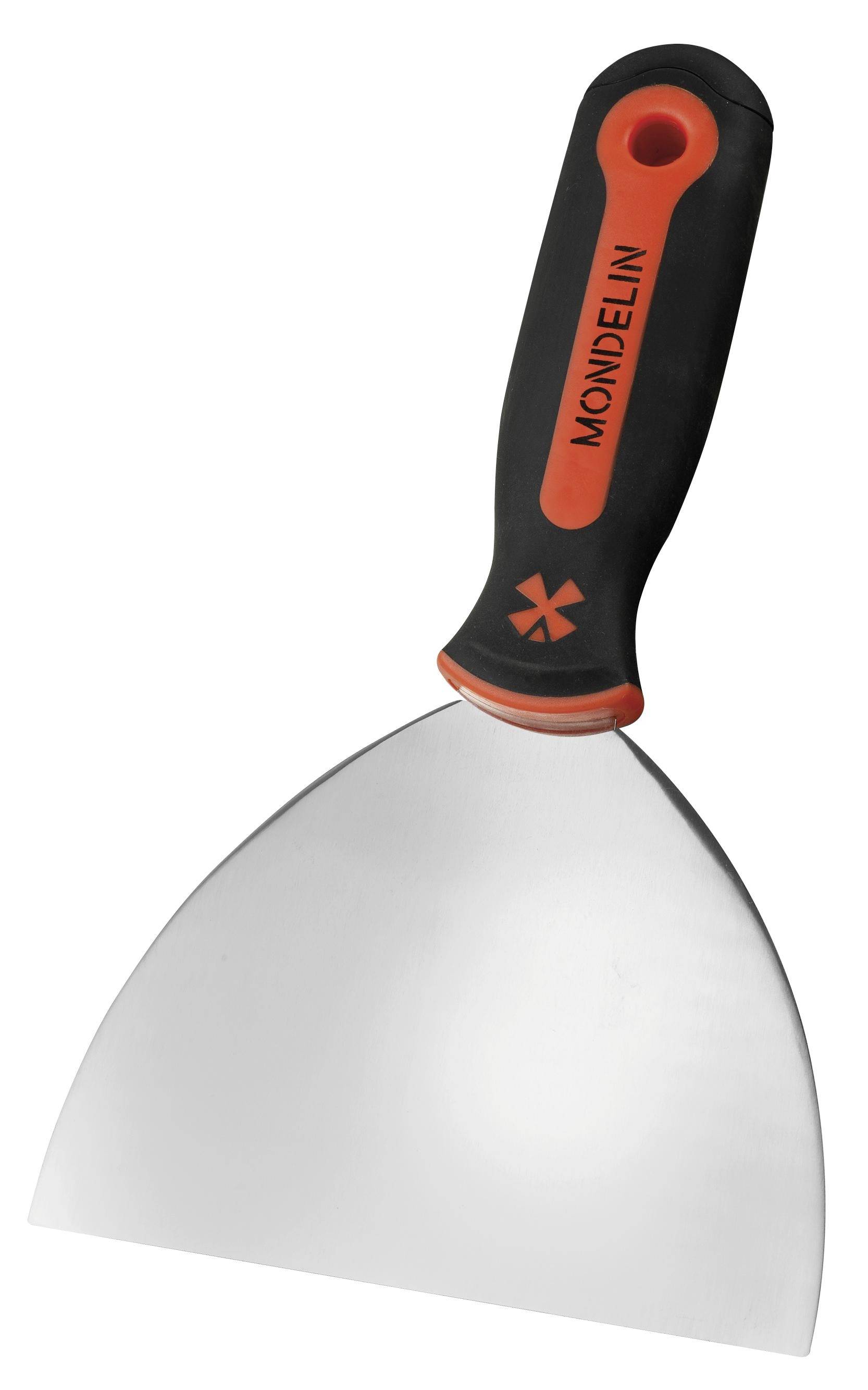 Ein breites Metallspachtel mit schwarzem und orangem Mondelin-Griff auf weißem Hintergrund.