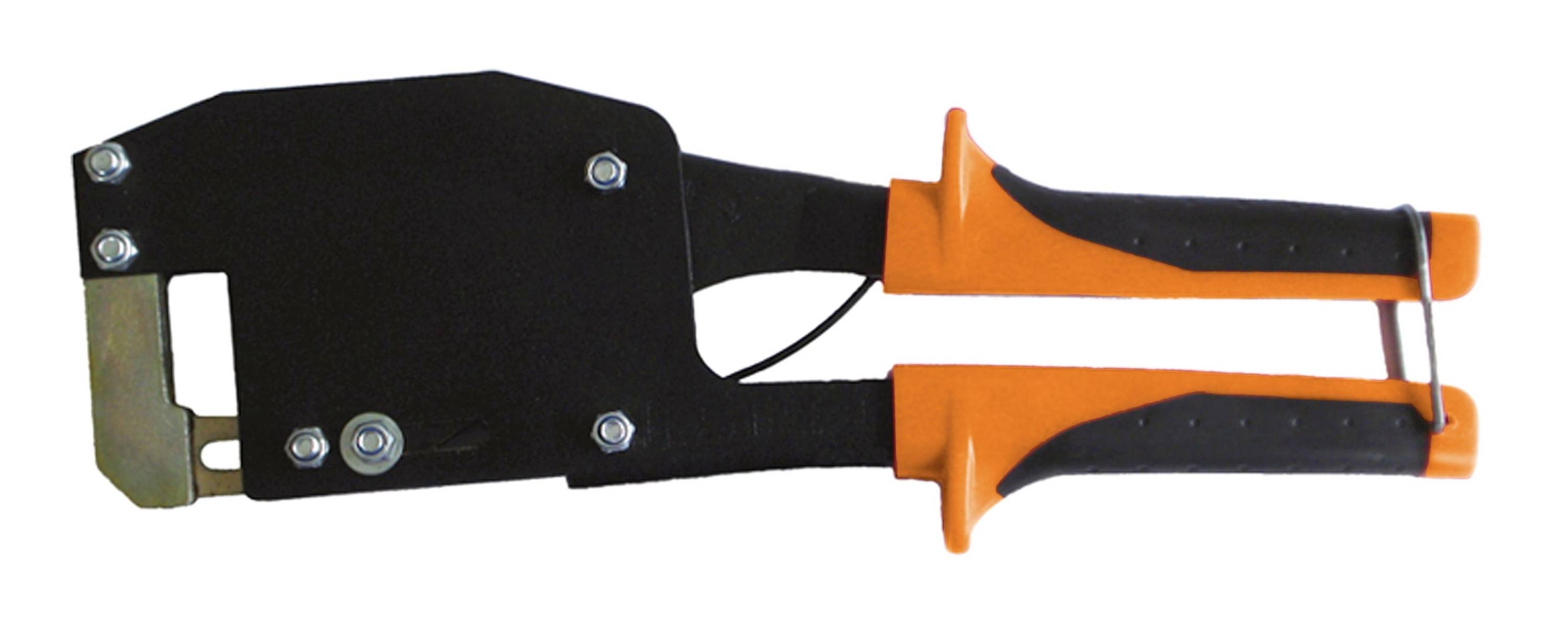 Tragbarer Kabelschneider in Schwarz und Orange mit zwei langen Griffen und einem metallenen Schneidekopf, gezeigt auf weißem Hintergrund.