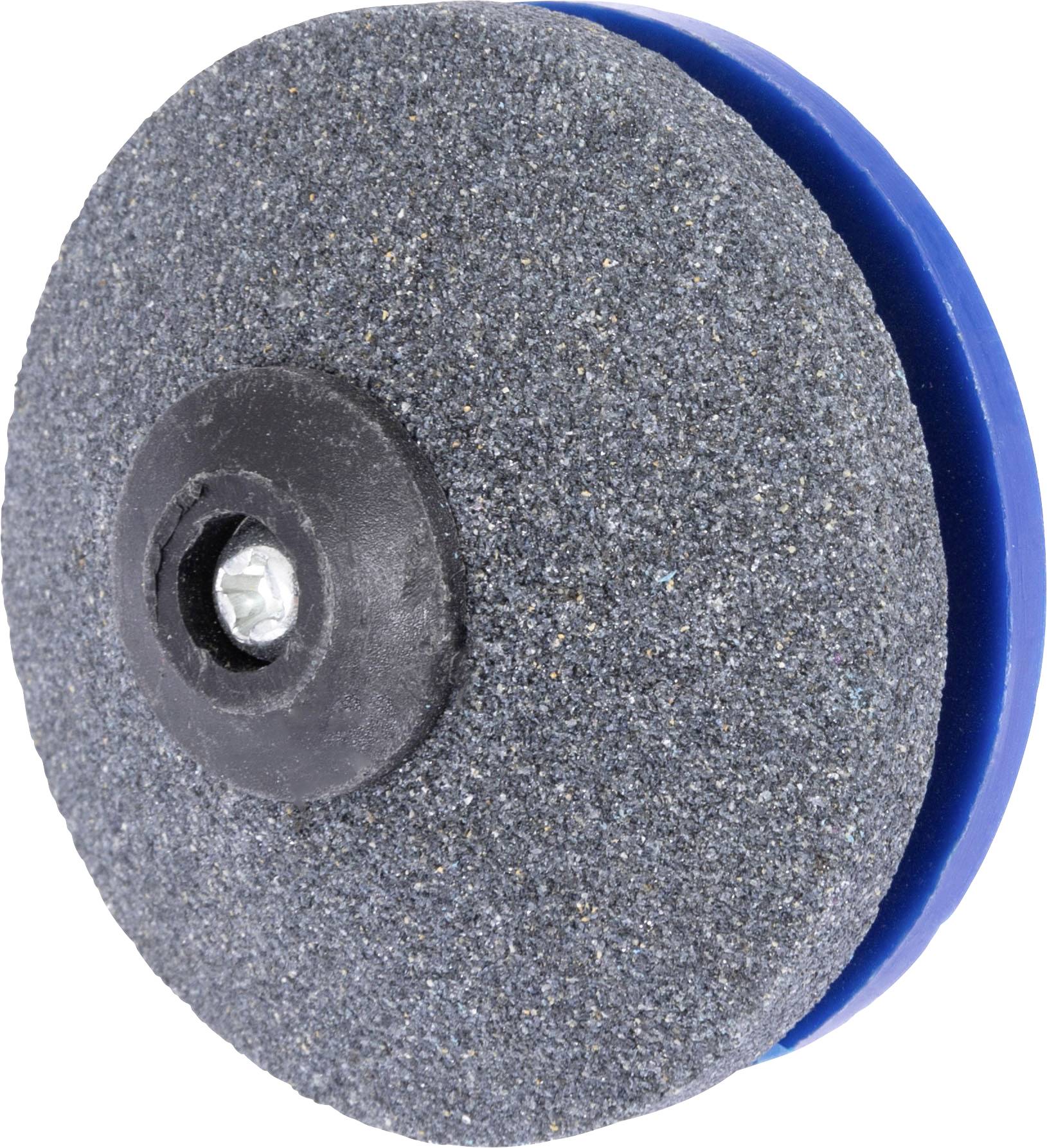 Ein graues Schleifrad mit schwarzem mittlerem Nabe und blauer Rückseite, dargestellt vor weißem Hintergrund.