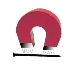 Roter Hufeisenmagnit mit schwarzem Sockel und weißen Füßen vor einfachem Hintergrund.