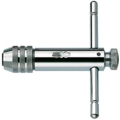 Verstellbarer Gewindebohrer-Drehkluppe aus Chrom mit T-Griff zum Drehen von Gewindebohrern in der Metallbearbeitung.