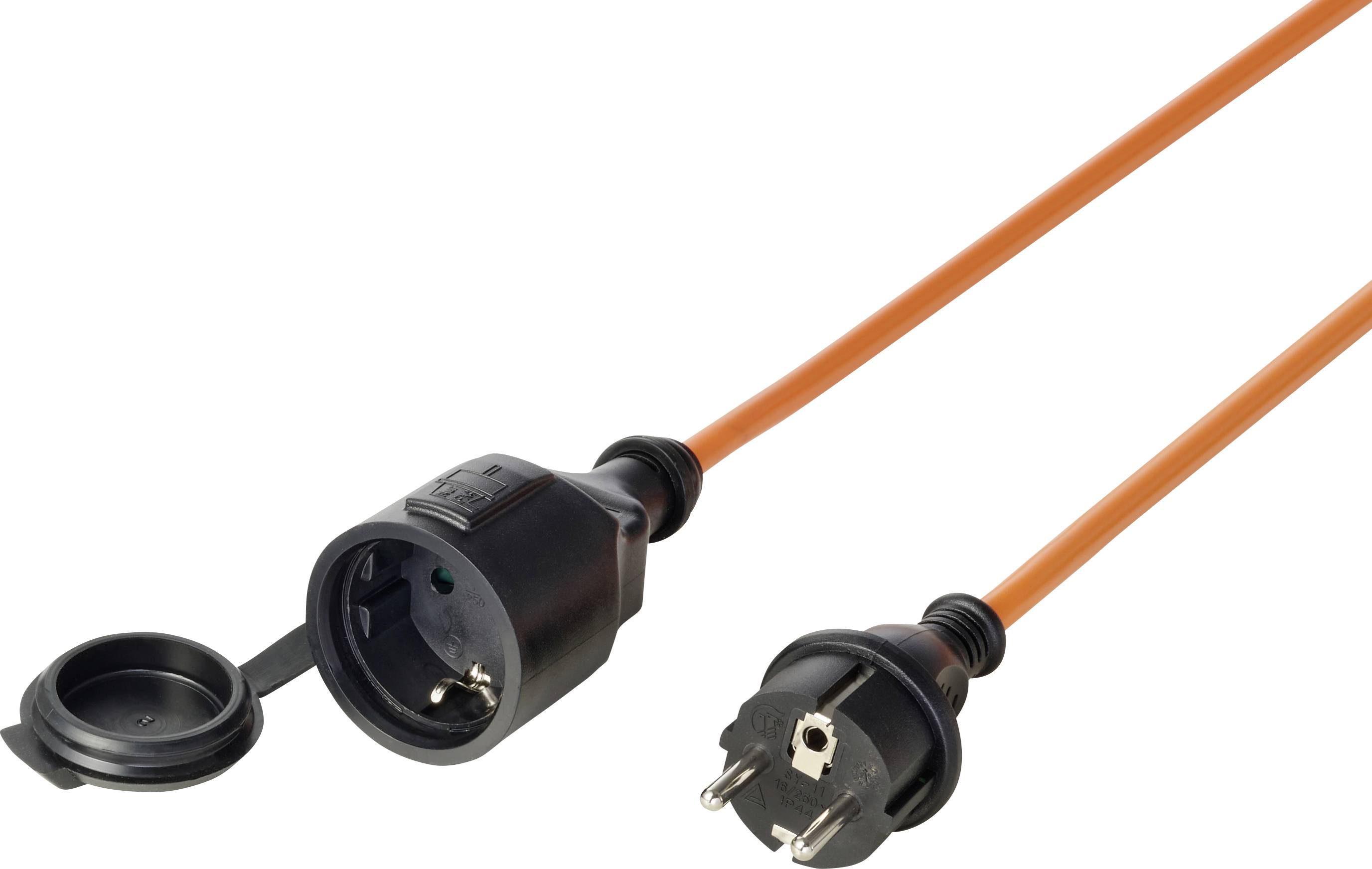 Orange-farbiges elektrisches Verlängerungskabel mit Außenstecker und abgedeckten Steckdosenenden auf weißem Hintergrund.