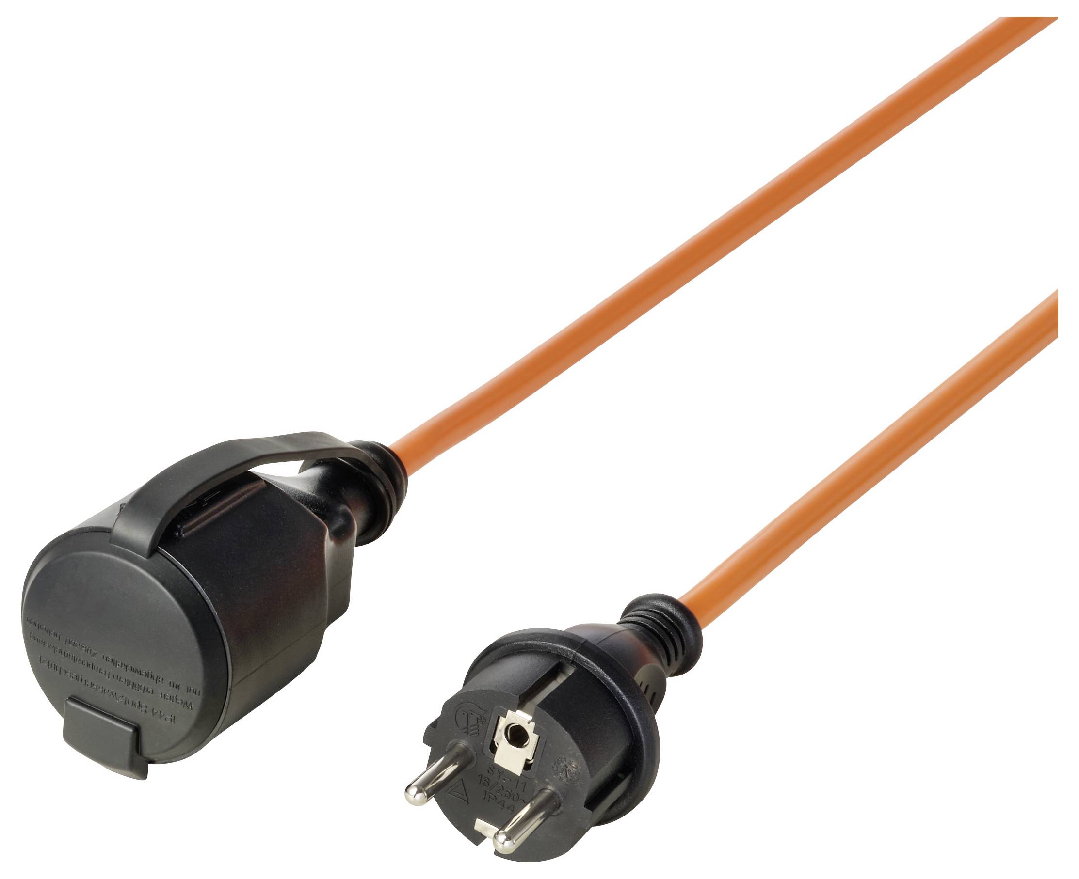 Zwei orangefarbene Stromkabel-Enden auf weißem Hintergrund: eine geformte Steckdosenabdeckung und ein zweipoliger Stecker mit Erdungsloch.