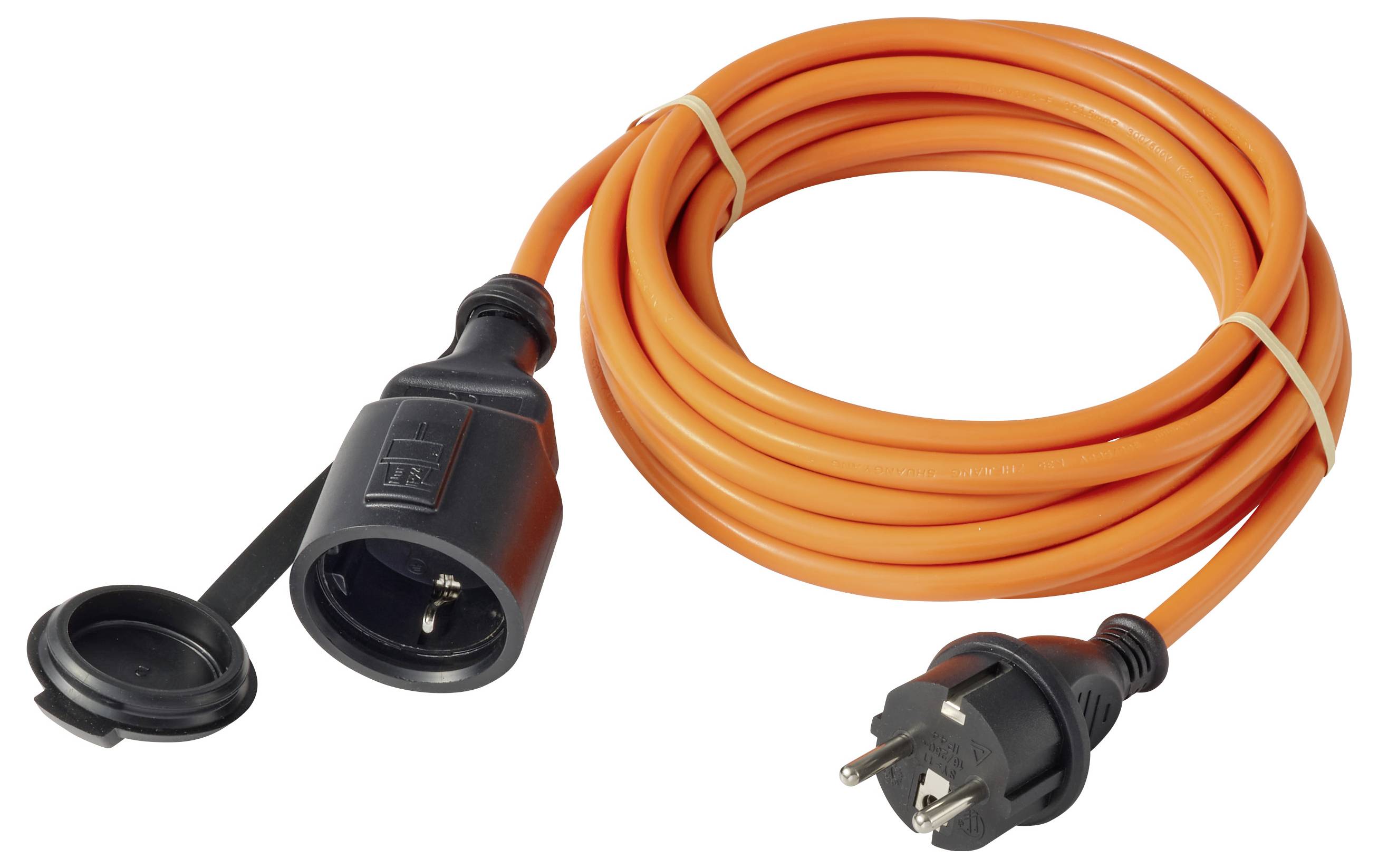 Oranges Verlängerungskabel mit schwarzem Stecker und abgedecktem Steckerendstück, aufgerollt auf weißem Hintergrund.
