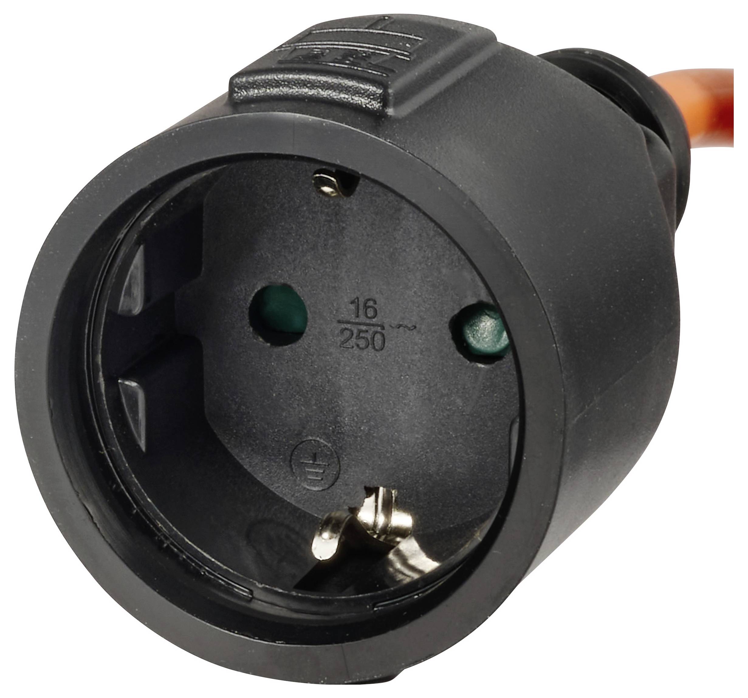 Schwarzer geerdeter Elektrostecker-Adapter mit orangefarbigem Kabel, in Nahaufnahme auf weißem Hintergrund dargestellt.