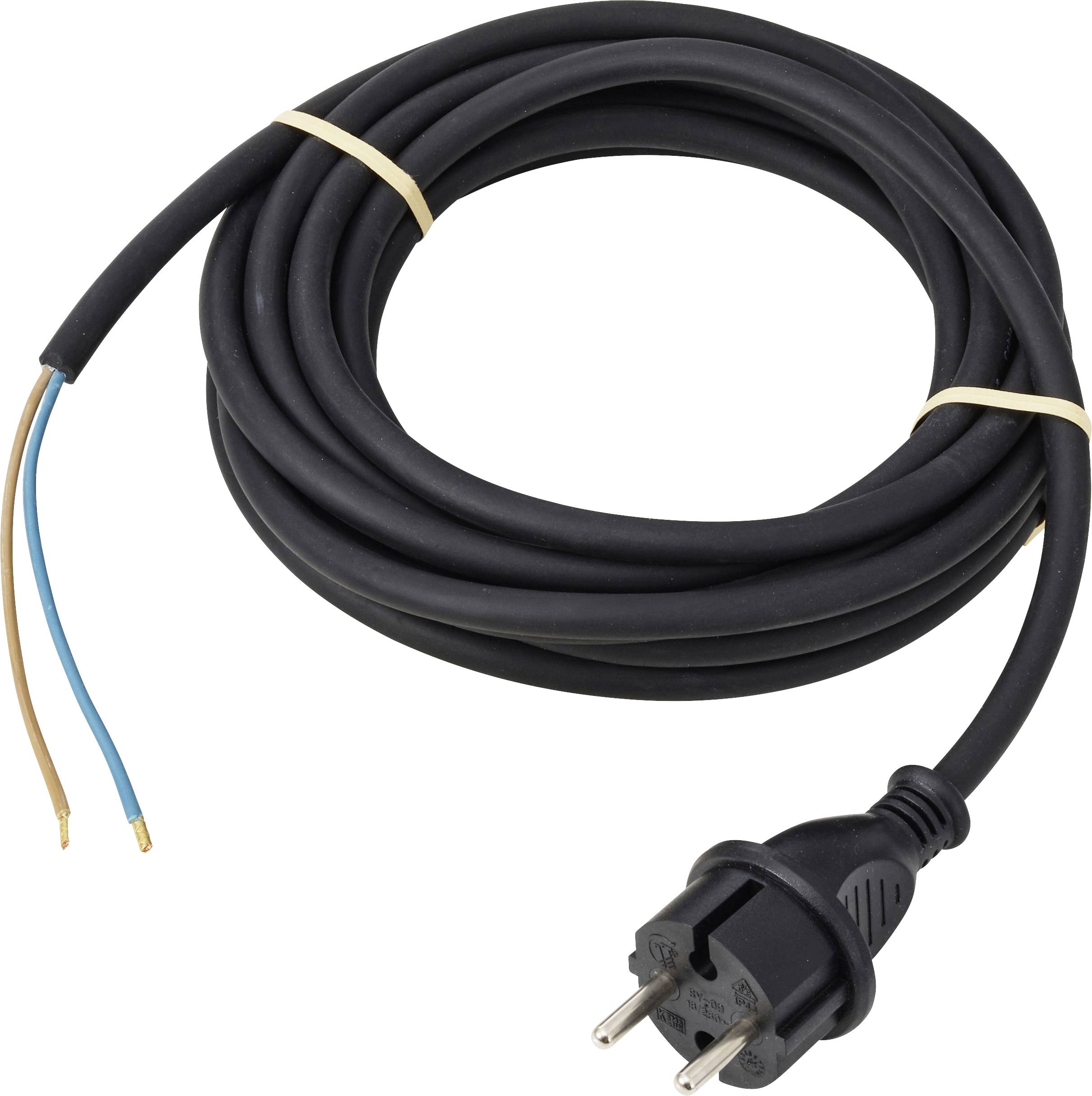 Schwarzes Stromkabel mit europäischem zweipoligem Stecker und abgestreiften blauen und braunen Drahtenden, aufgerollt auf weißem Hintergrund.