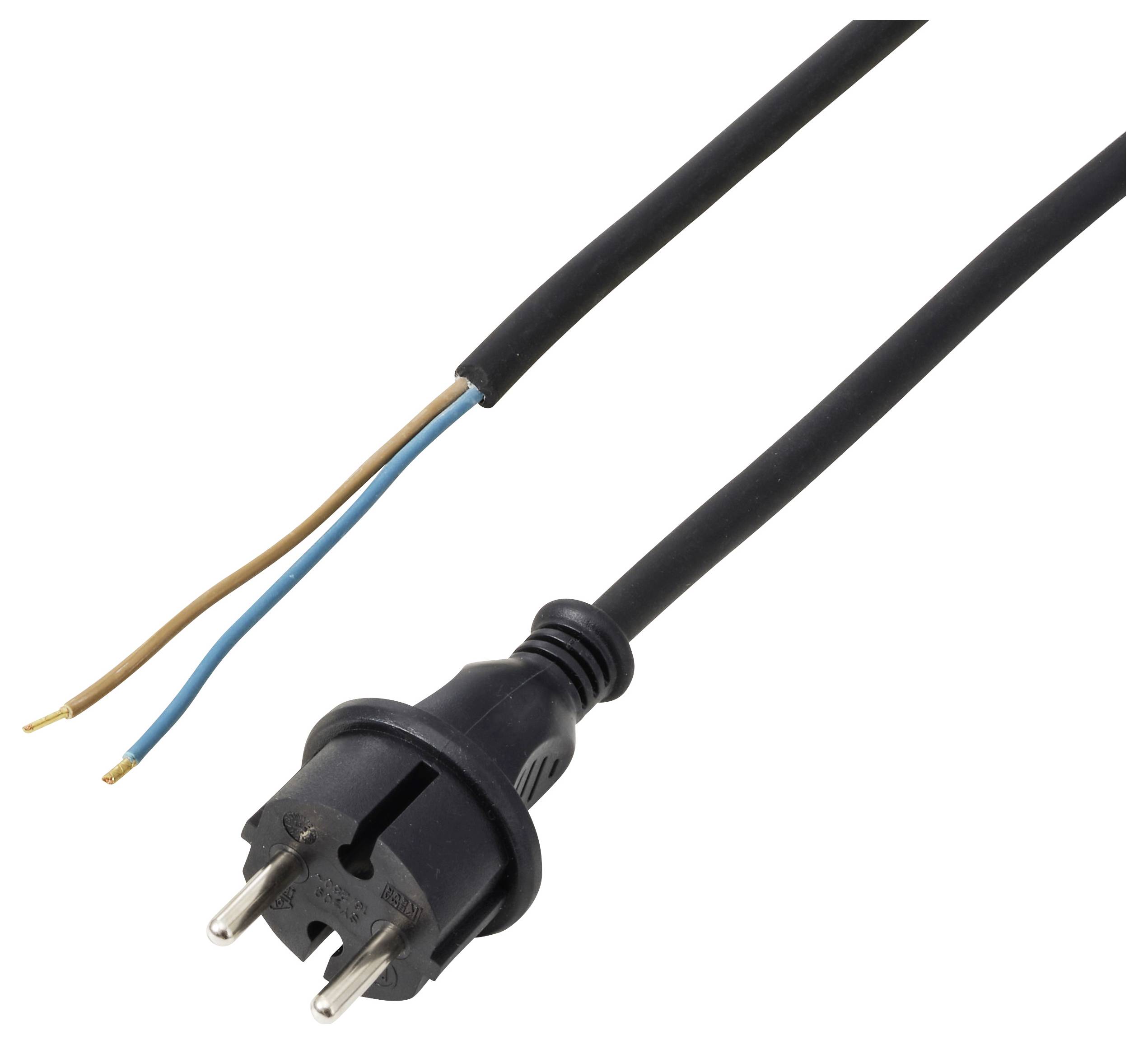 Durchschnittenes Stromkabel mit europäischem Stecker, wobei die freigelegten braunen und blauen Drahtenden sichtbar sind.