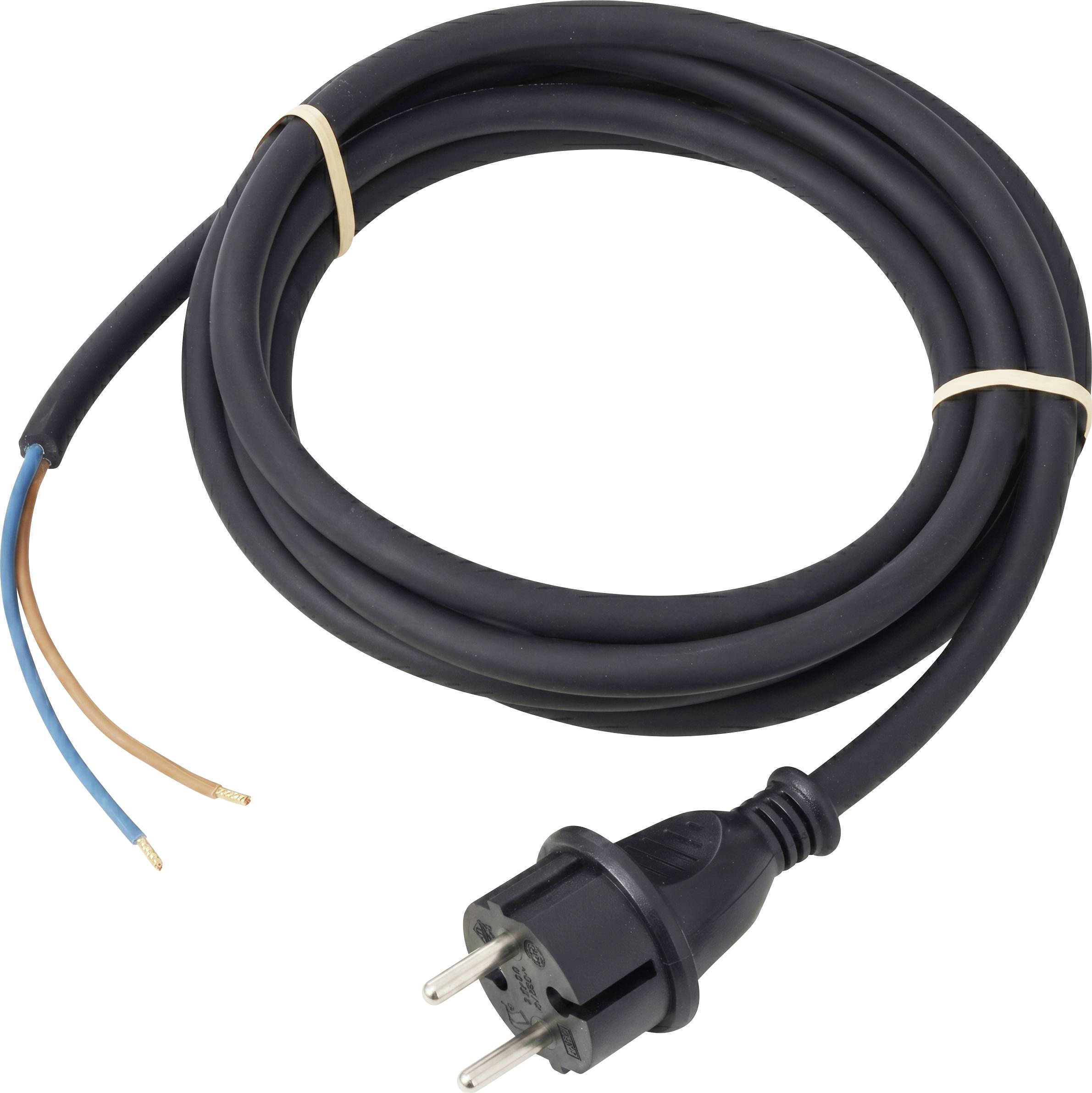 Schwarzes Stromkabel mit freigelegten blauen und braunen Drähten an einem Ende und einem zweipoligen Stecker am anderen Ende