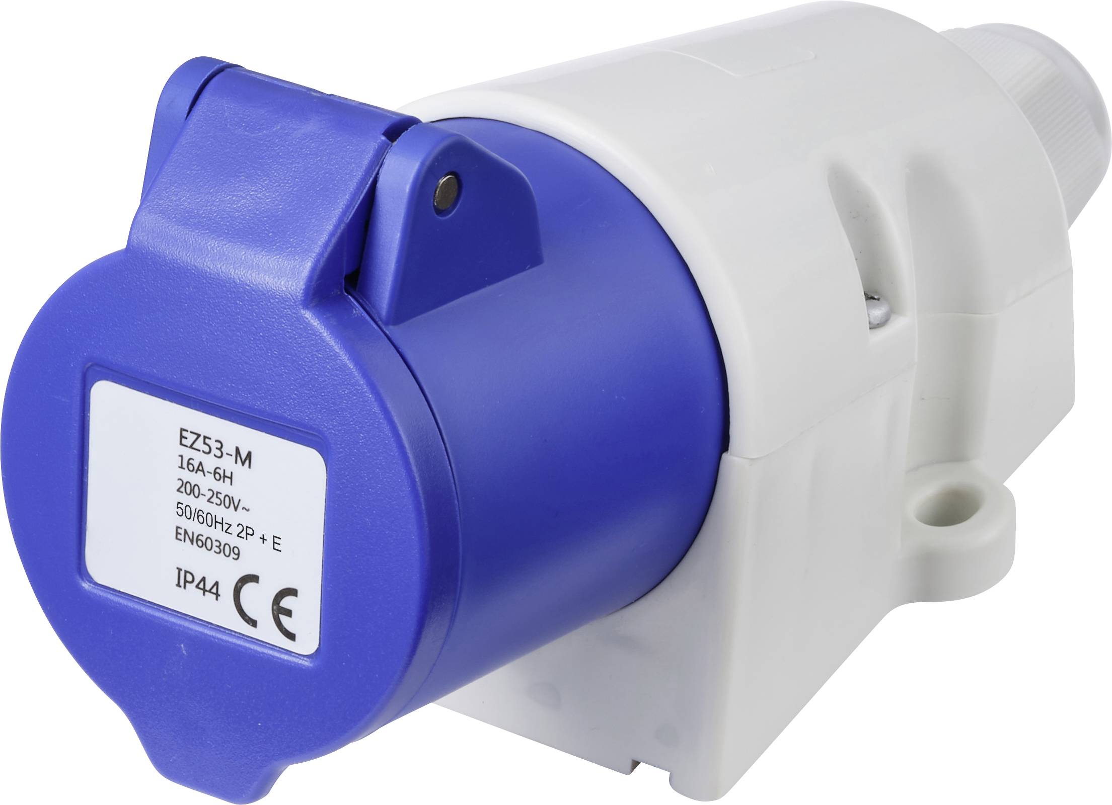 Blauer und weißer industrieller Elektrostecker mit Schutzkappe und Etikett, dargestellt auf weißem Hintergrund.