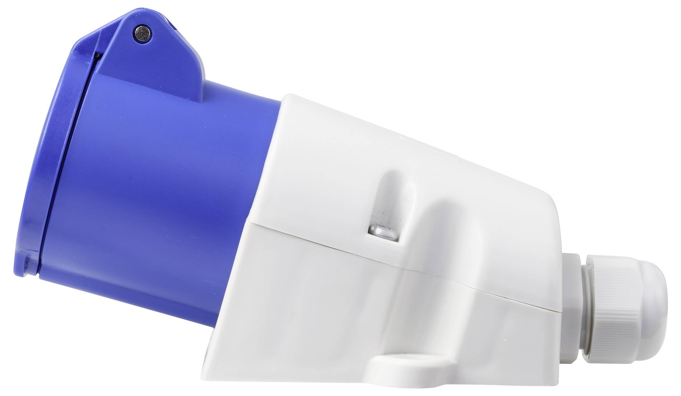 Blauer und weißer Elektrostecker-Adapter mit zylindrischer Buchse und abgewinkeltem Gehäuse, dargestellt vor einfachem Hintergrund.