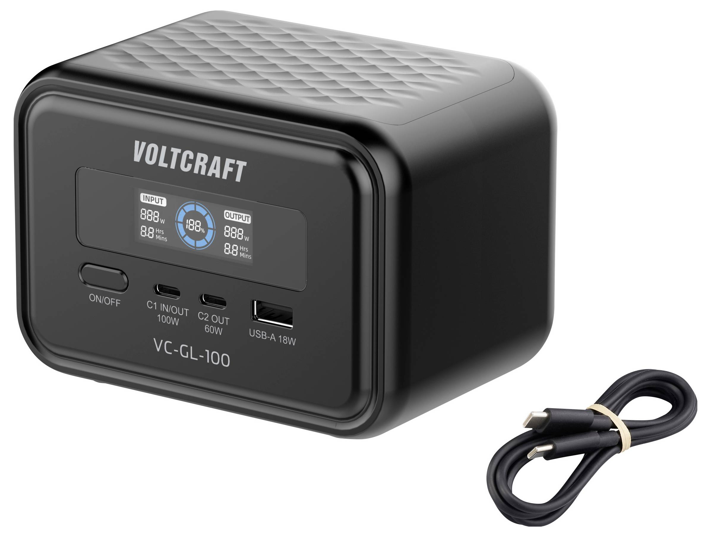 Schwarze VOLTCRAFT VC-GL-100 tragbare Stromversorgungsanlage mit Display, Stromschalter, USB-C- und USB-A-Anschlüssen, dargestellt mit Ladekabel.