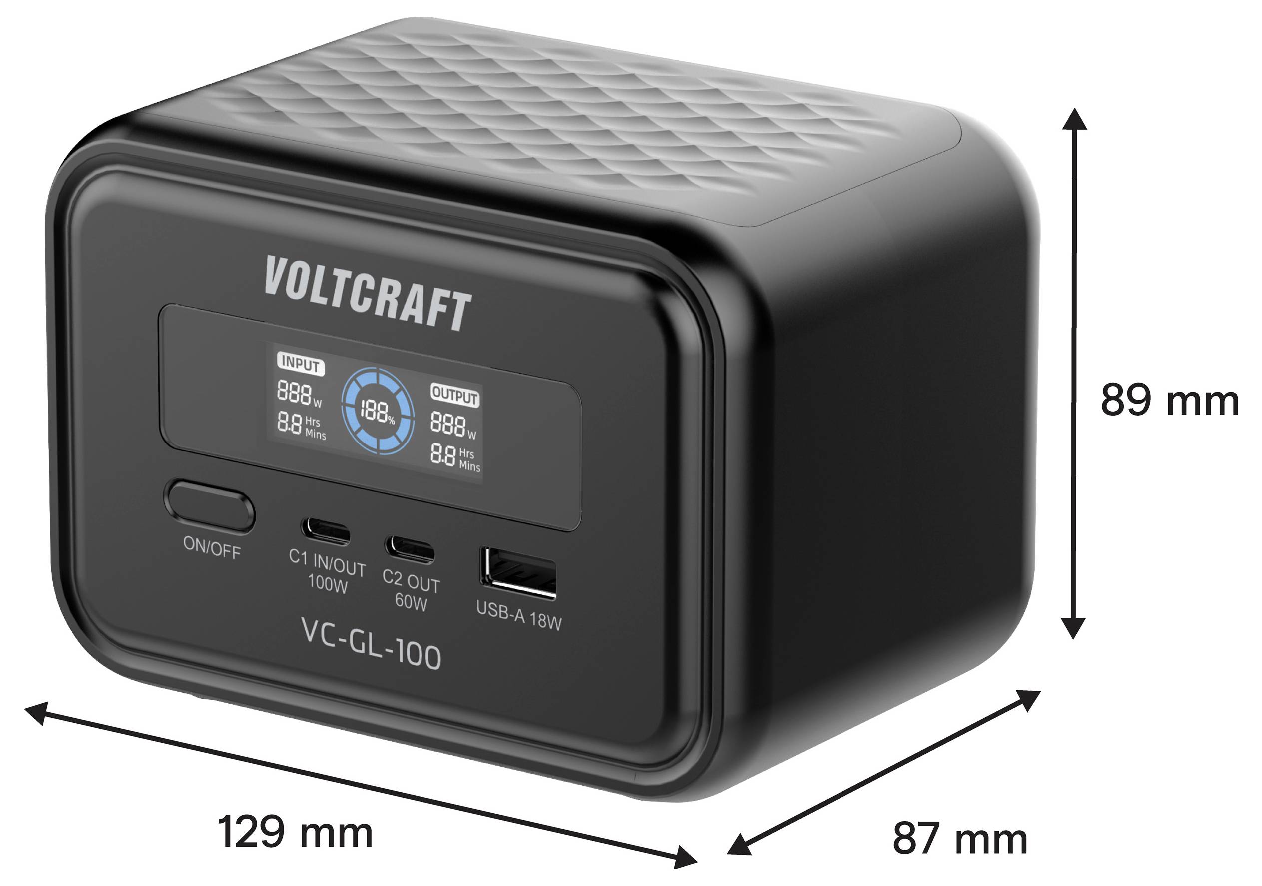 Produktbild eines VOLTCRAFT VC-GL-100 Ladegeräts mit Display und Anschlüssen, das Abmessungen zeigt: 129 mm breit, 87 mm tief, 89 mm hoch.