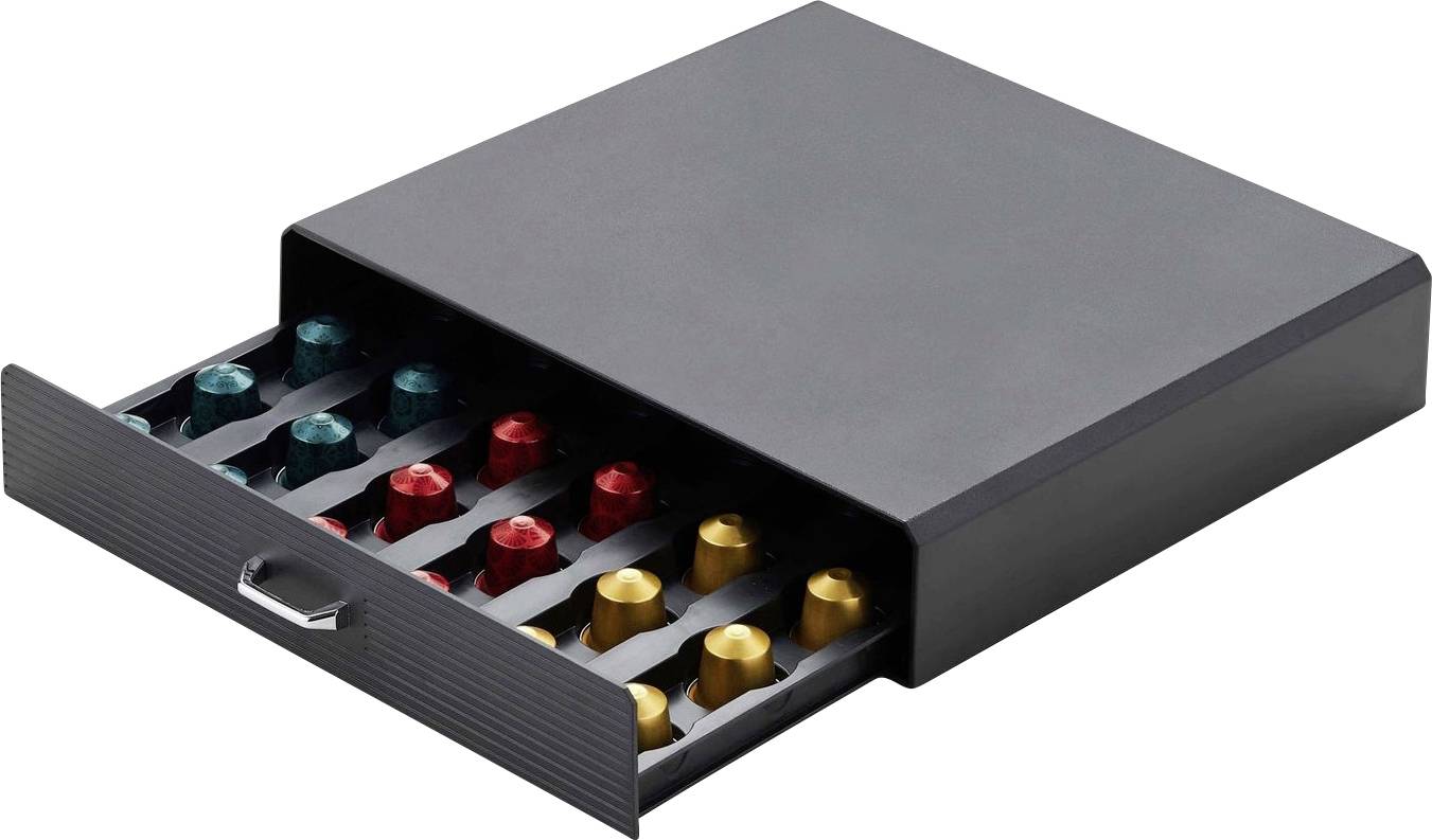 Ein schwarzer rechteckiger Kartenschubkasten oder eine Aufbewahrungsbox, die teilweise geöffnet ist und Reihen von farbenfrohen kleinen Kappen oder Teilen im Inneren zeigt.