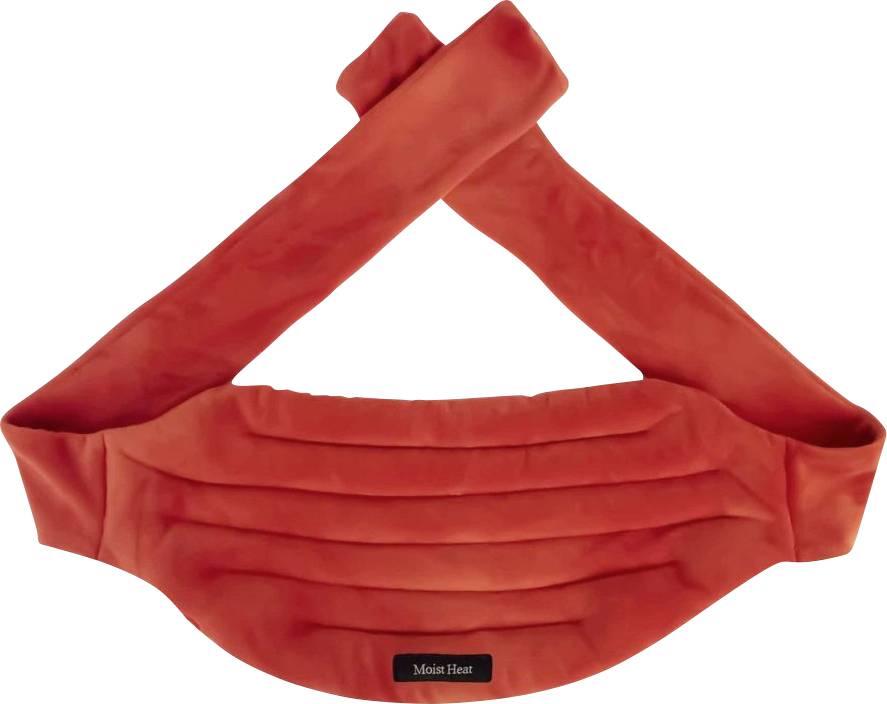 Rote gepolsterte Gesichtsmaske mit gekreuzten Riemen, auf weißem Hintergrund abgebildet.