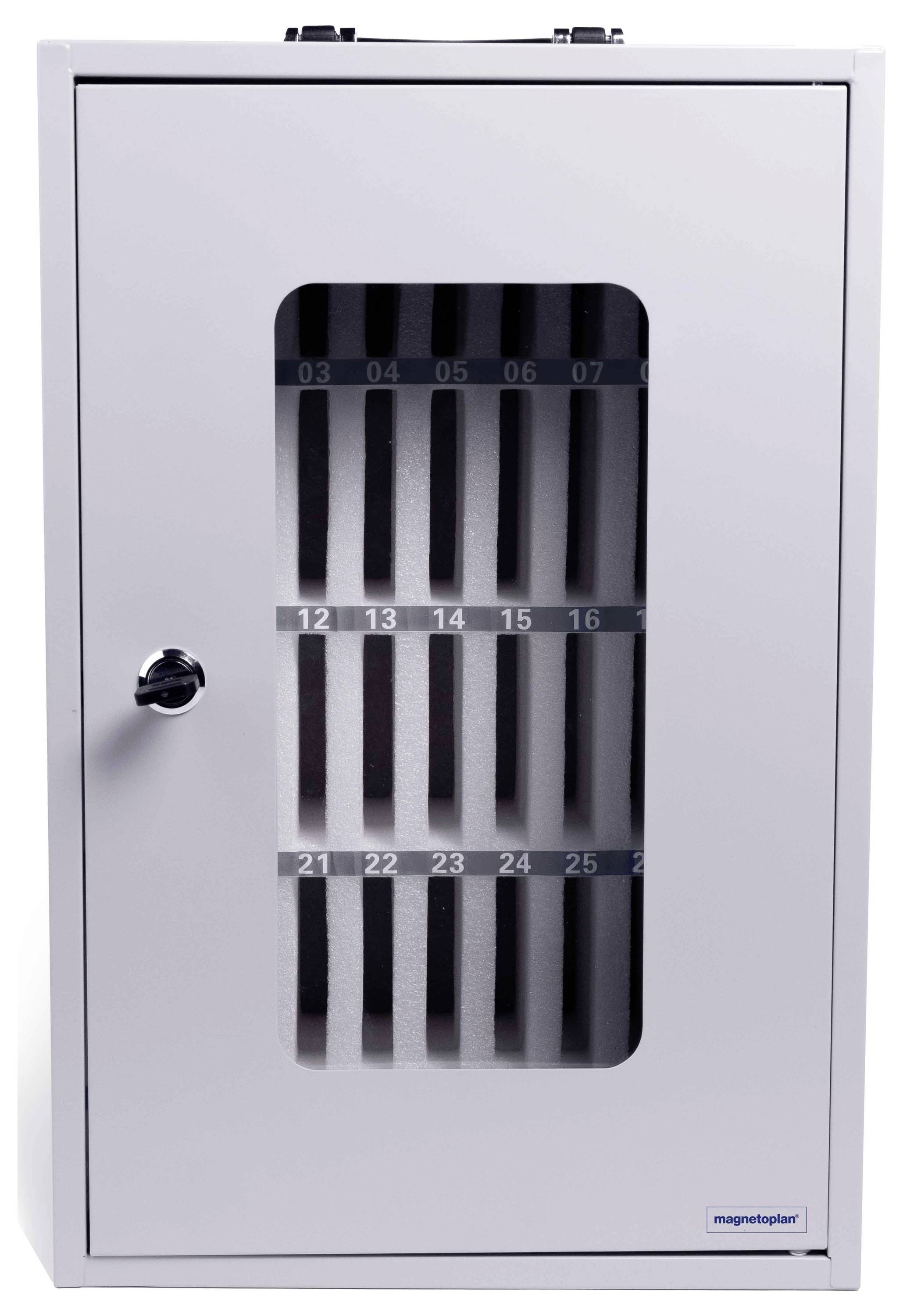 Ein weiß beschichteter, an der Wand montierter Metallschrank mit verschließbarer Tür und schmalem Sichtfenster, in dem Reihen von vertikal angeordneten Akten oder Ordnern zu sehen sind.