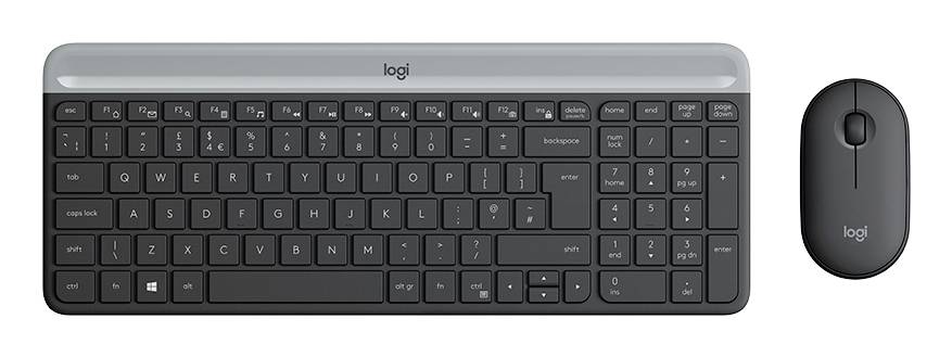 Kabelloses Logitech Tastatur- und Mausset in Schwarz und Grau, nebeneinander auf weißem Hintergrund dargestellt.