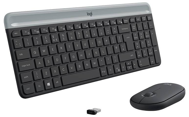 Kabelloses Logitech-Tastatur- und Maus-Set mit USB-Empfänger, dargestellt auf weißem Hintergrund.