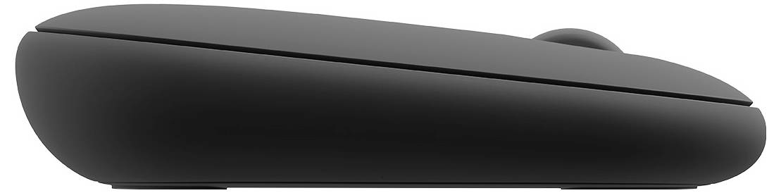 Schwarze kabellose Computermaus in Seitenansicht auf weißem Hintergrund.