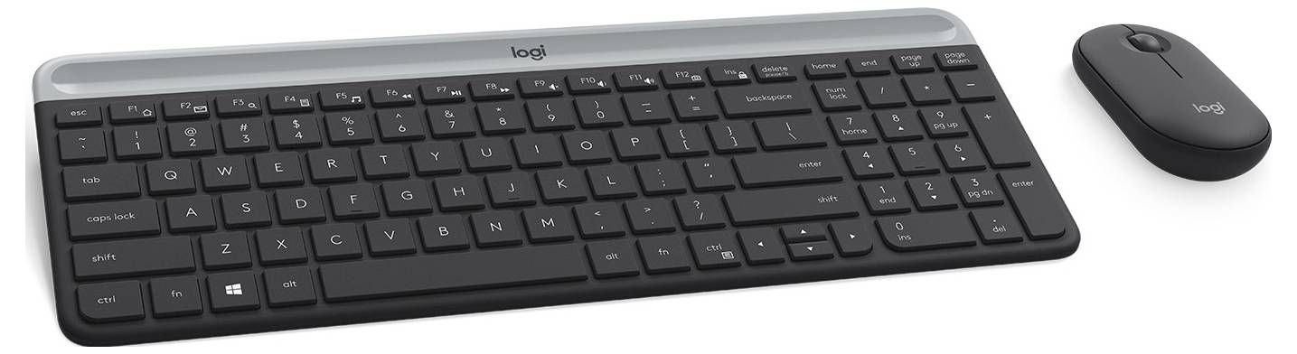 Kabellose Logitech-Tastatur mit Zahlenblock und passende Maus auf weißem Hintergrund.