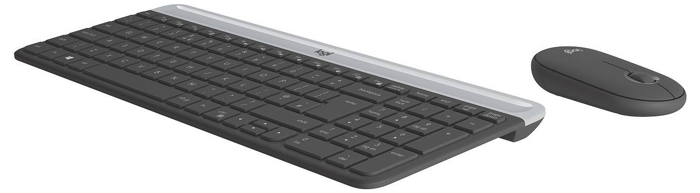 Kabelloses schwarzes Tastatur- und Mausset auf weißem Hintergrund.