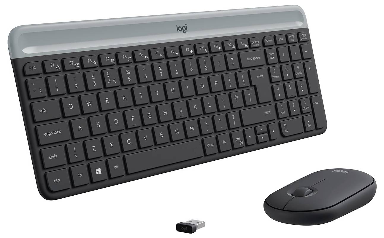 Kabelloses Logitech Tastatur- und Maus-Set in Schwarz und Grau, nebeneinander dargestellt.