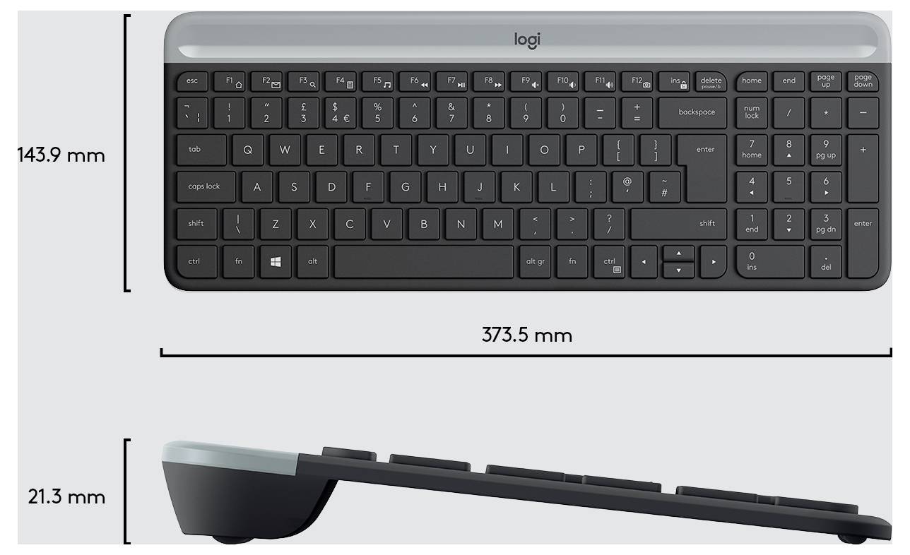 Draufsicht und Seitenansicht einer Logitech-Tastatur mit ihren Abmessungen: 373,5 mm breit und 143,9 mm hoch, mit einer Profildicke von 21,3 mm.