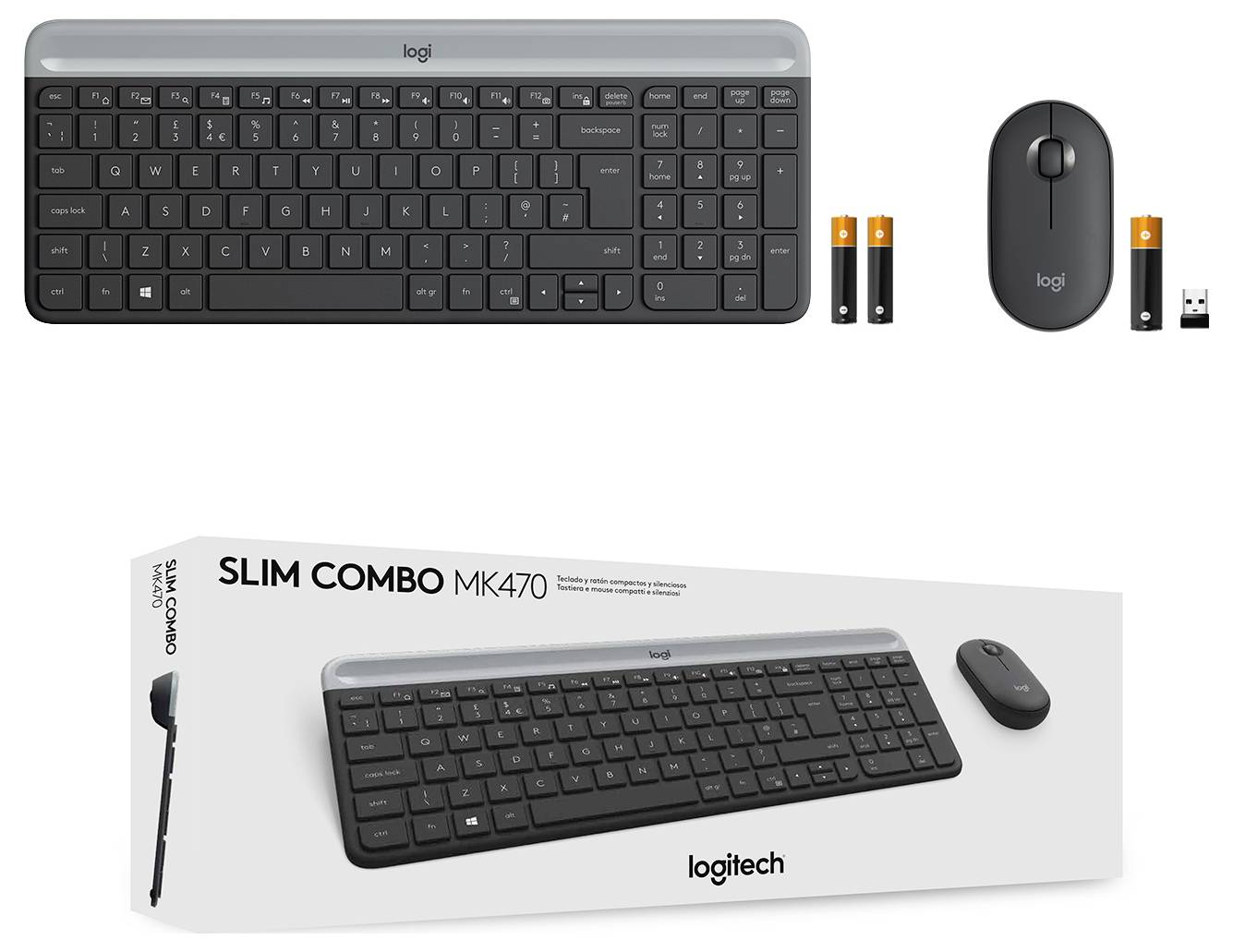 Logitech Slim Combo MK470 kabelloses Tastatur- und Mausset mit USB-Empfänger und Batterien, abgebildet mit Produktverpackung.
