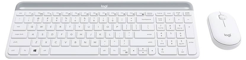 Weiße kabellose Logitech-Tastatur mit Ziffernblock und passende weiße Maus auf schllichtem Hintergrund.