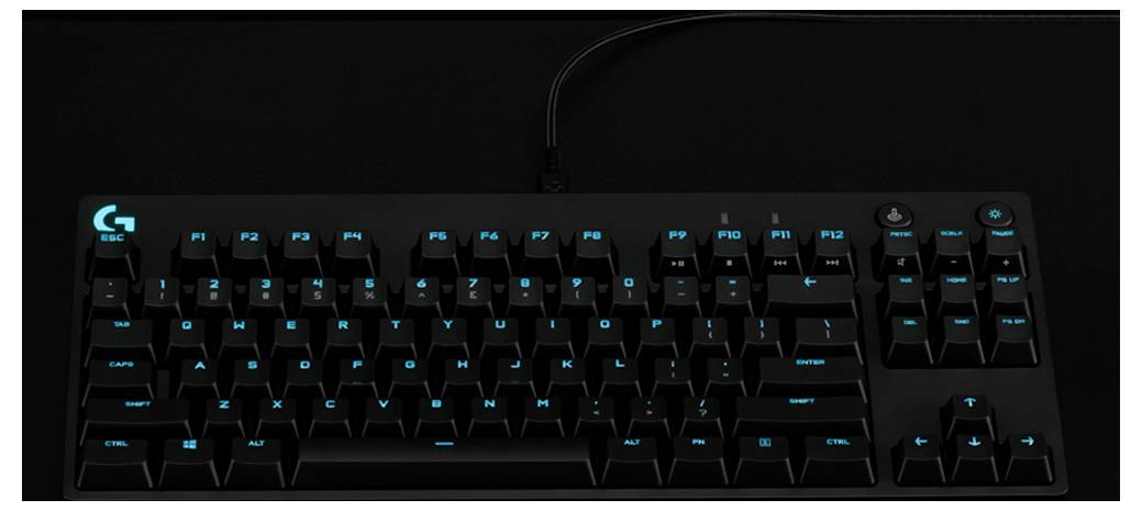 Eine schwarze kabelgebundene Gaming-Tastatur mit blau beleuchteten Tasten und einem 