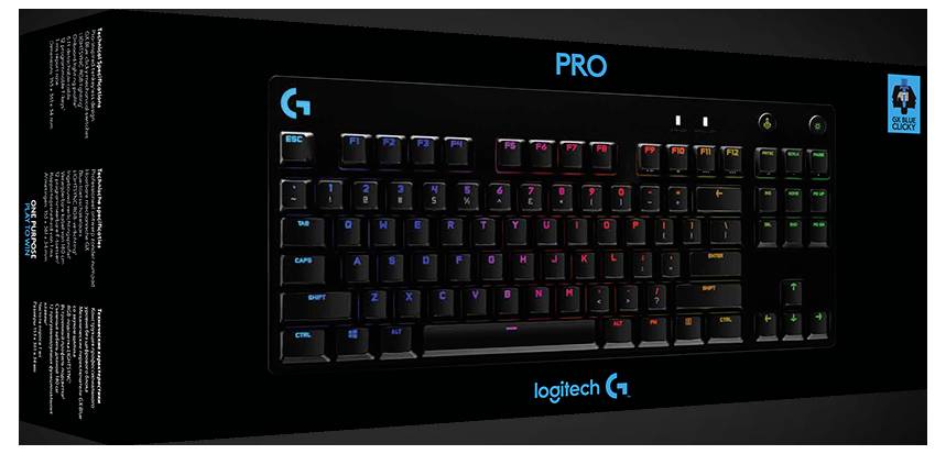 Logitech G PRO kompakte Gaming-Tastatur in einer schwarzen Produktbox, dargestellt mit RGB-beleuchteten Tasten und dem Label 