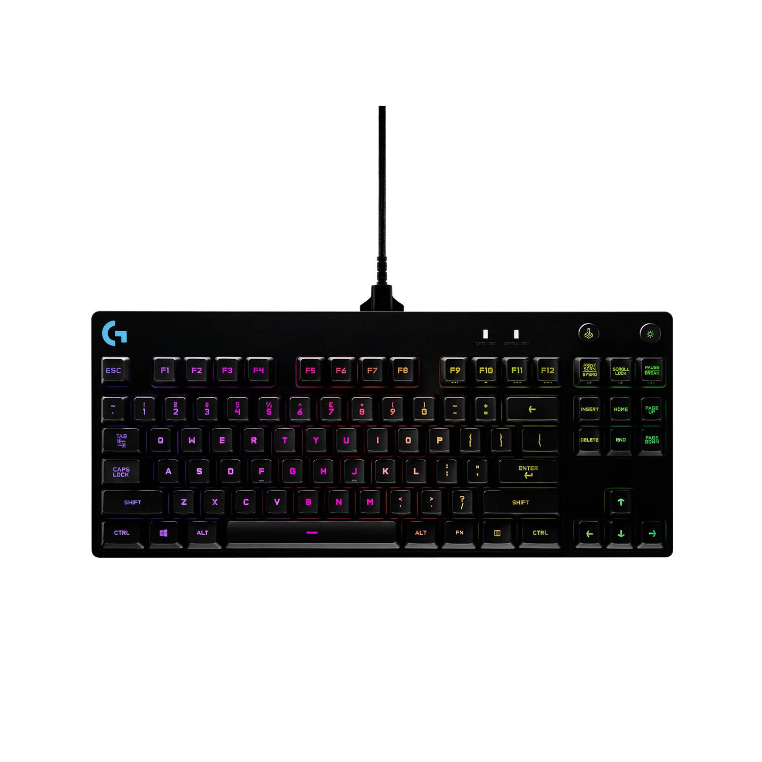 Kompakte schwarze RGB-beleuchtete Gaming-Tastatur mit abnehmbarem Kabel und Logitech „G