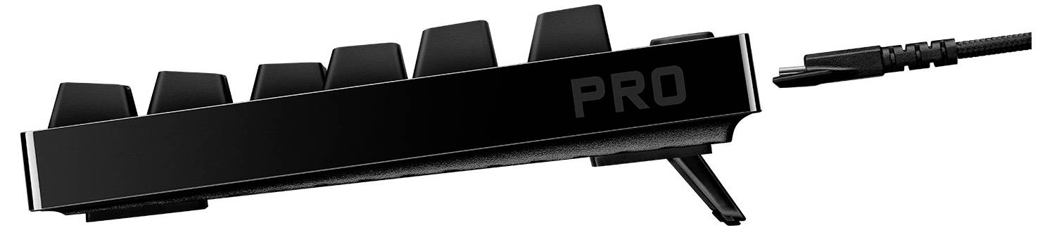 Schwarze mechanische Tastatur mit der Aufschrift „PRO