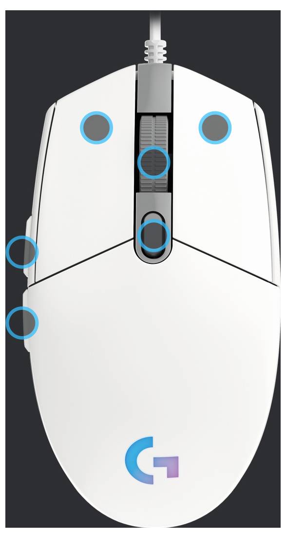 Weiße kabelgebundene Computermaus von oben gezeigt mit sechs hervorgehobenen Tasten und Logo in der Nähe des unteren Bereichs.