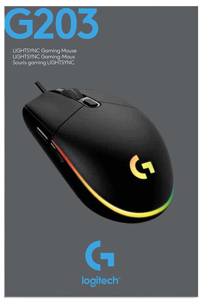 Logitech G203 LIGHTSYNC Gaming-Maus auf dunklem Hintergrund, mit Produktname oben und Logitech-Logo unten.