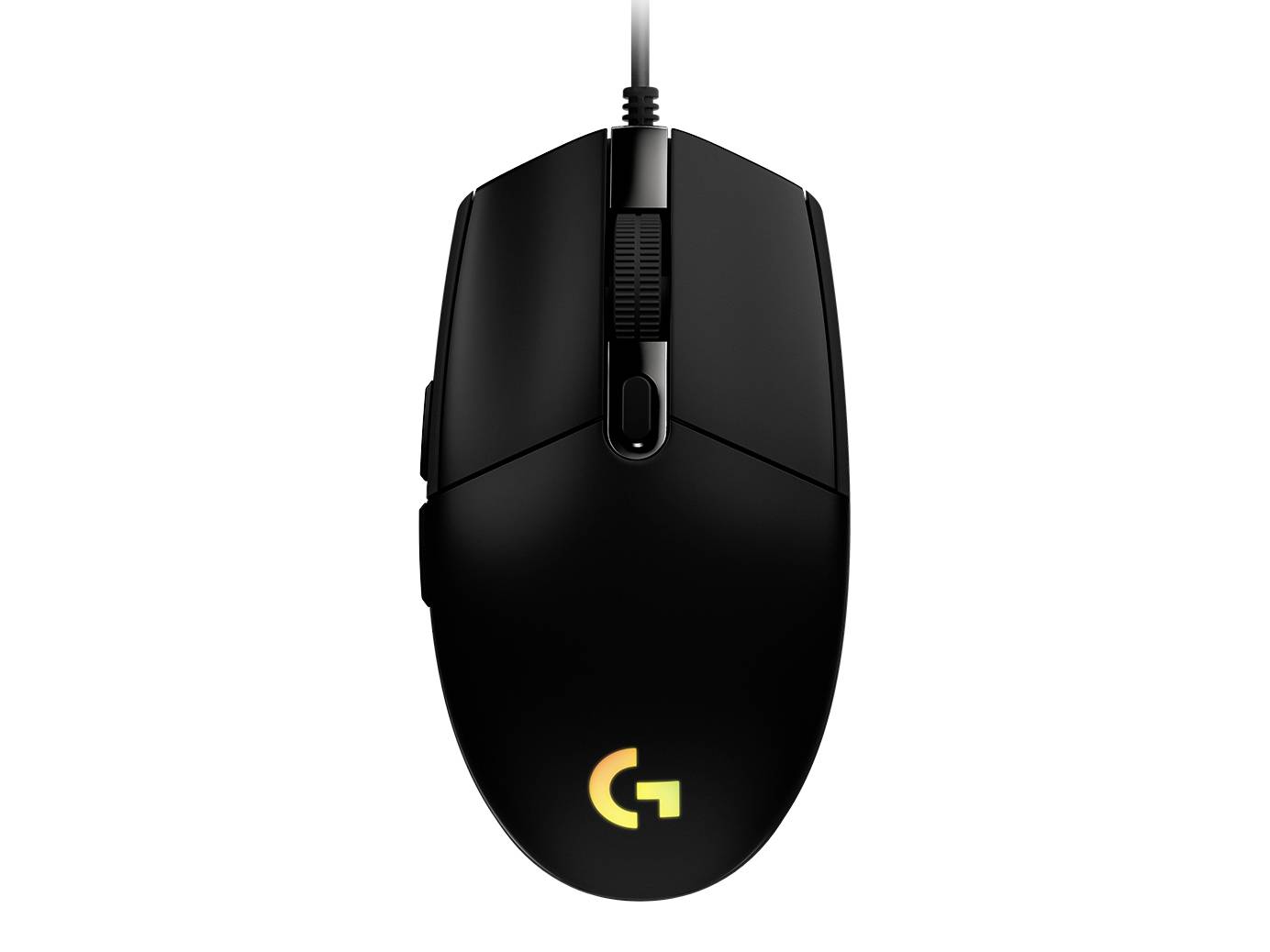 Schwarze schnurgebundene Gaming-Maus mit beleuchtetem Logitech G Logo, von oben auf weißem Hintergrund gezeigt.