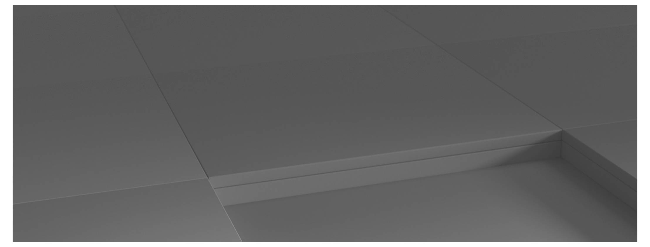 Leere graue 3D-Ecke oder Plattform mit geschichteten flachen Oberflächen und einer eingerückten rechten Seite, ähnlich wie ein minimalistischer Bühnenhintergrund.