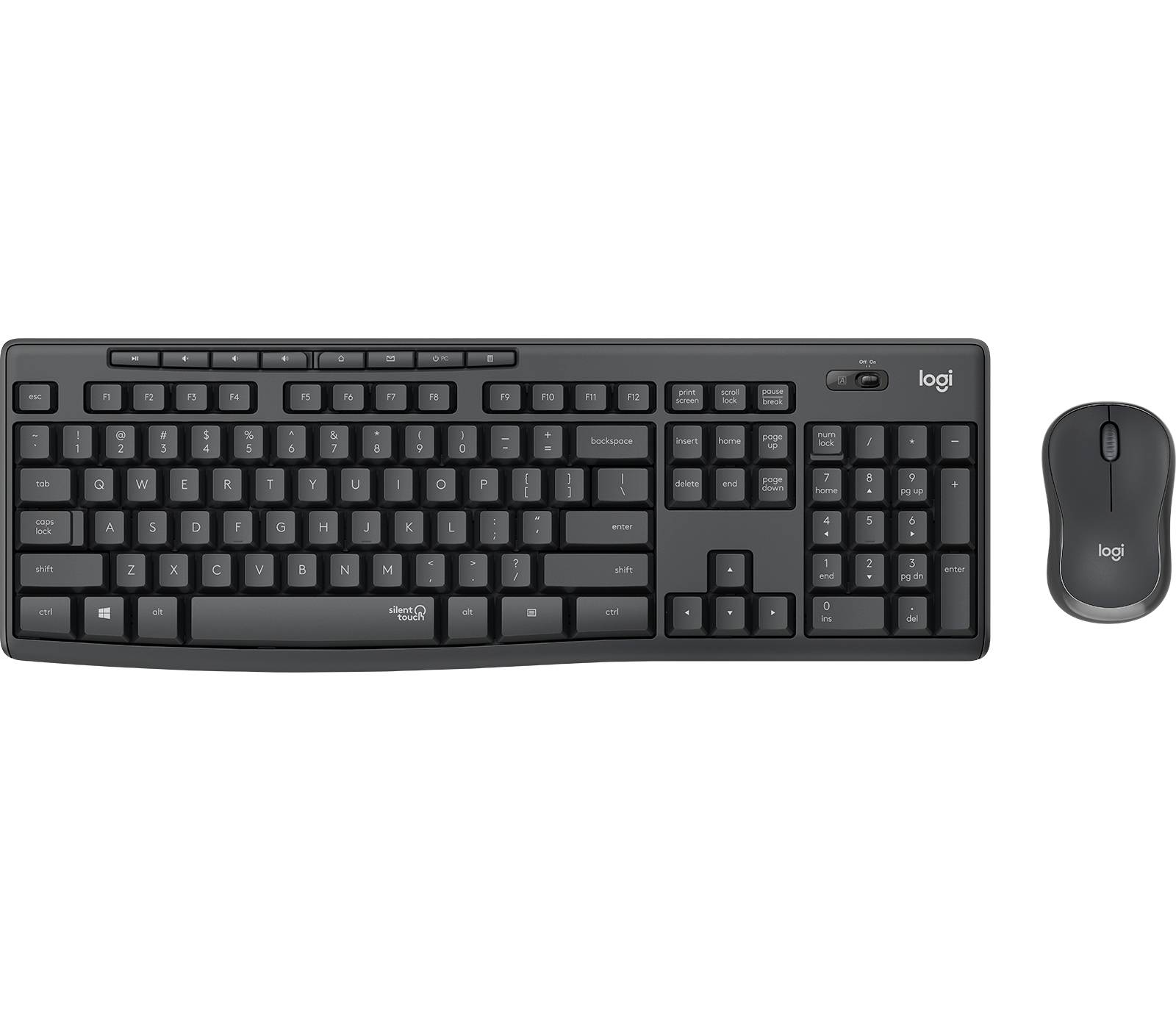 Schwarzes kabelloses Logitech-Tastatur- und Maus-Set auf weißem Hintergrund
