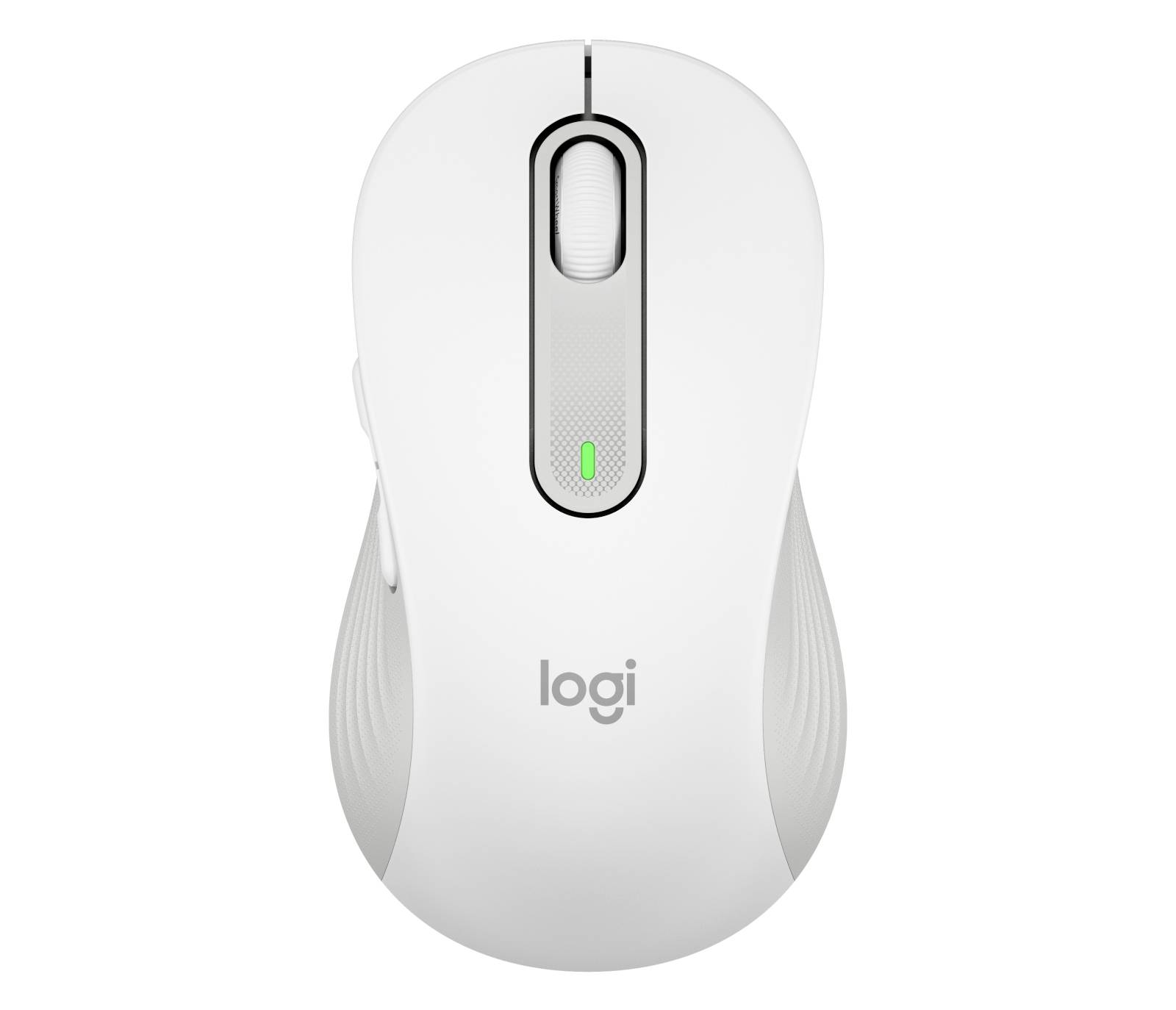 Weiße kabellose Logitech-Maus von oben fotografiert mit Scrollrad und grüner Batterieladeanzeige.