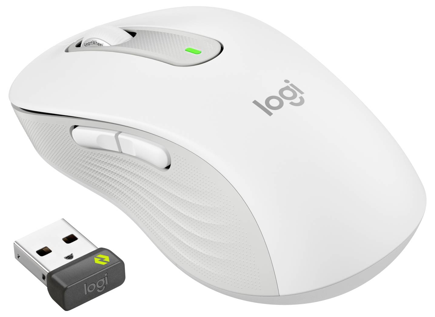 Weiße kabellose Logitech-Maus mit neben ihr abgebildetem USB-Empfänger-Dongle.