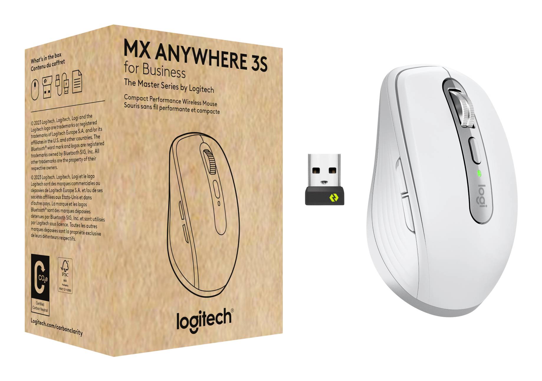 Logitech MX Anywhere 3S kabelloses Maus mit Box und USB-Empfänger, das das Produkt und den enthaltenen Dongle hervorhebt.