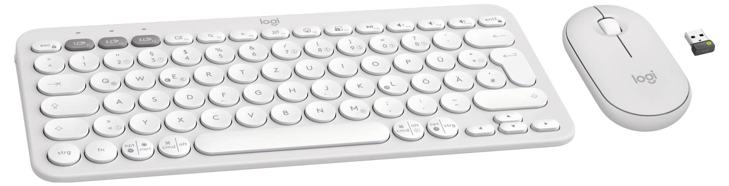 Weiße kabellose Logitech-Tastatur und -Maus mit USB-Empfänger auf weißem Hintergrund.