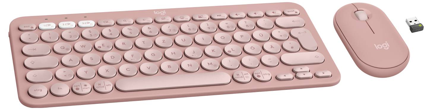 Rosa kabelloses Logitech Tastatur- und Mausset mit USB-Empfänger auf weißem Hintergrund.