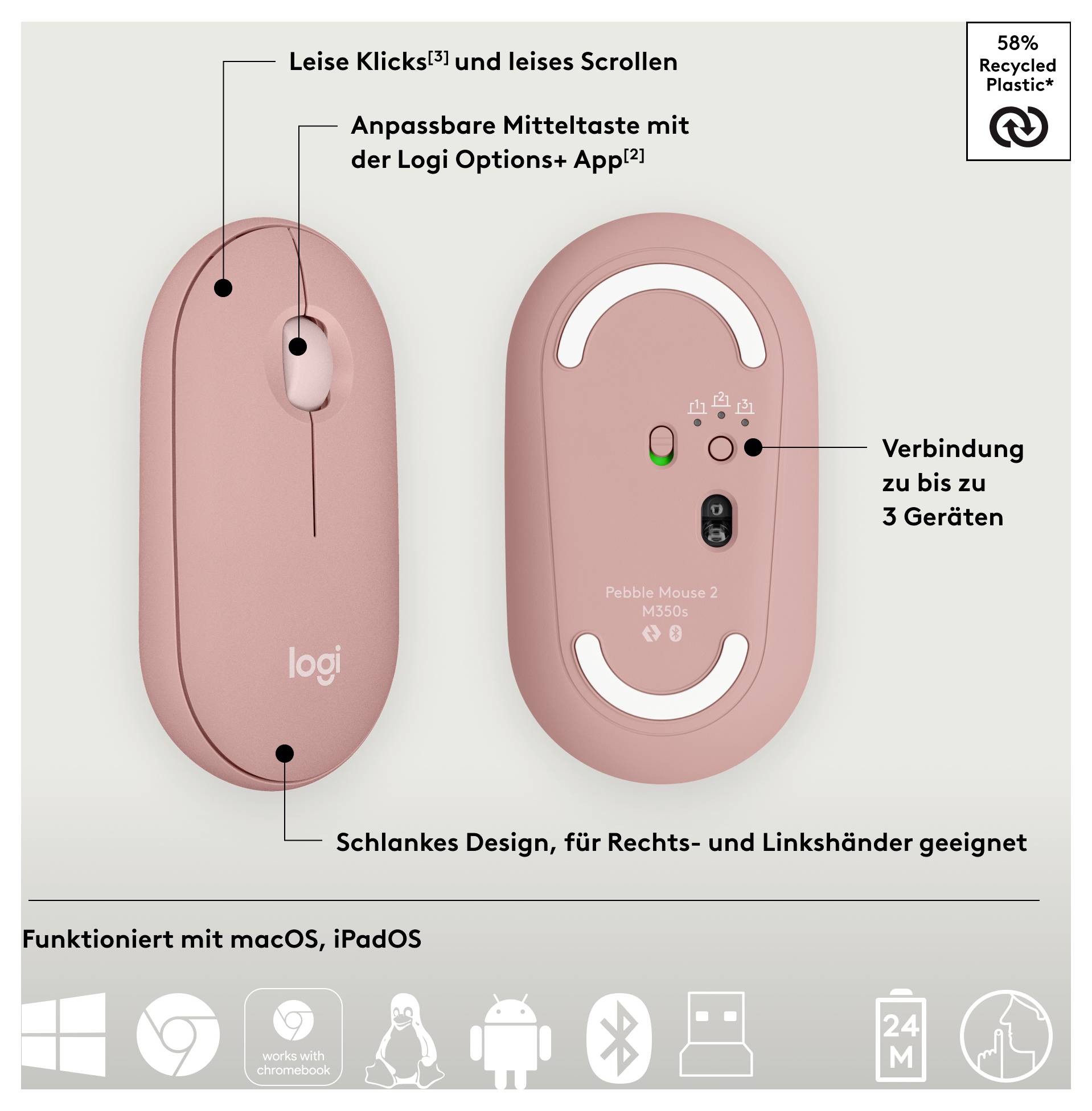 Logitech Pebble 2 Combo Tastatur, Maus-Set Kabellos Optisch Pink 3 Tasten