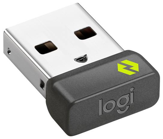 Kleiner Logitech USB-Funkempfänger mit schwarzer Kunststoffkappe und silbernem USB-Stecker.