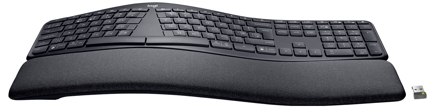 Schwarze ergonomische kabellose Tastatur mit geteiltem Tastenlayout und gepolsterter Handgelenkstütze, dargestellt mit einem USB-Empfänger auf weißem Hintergrund