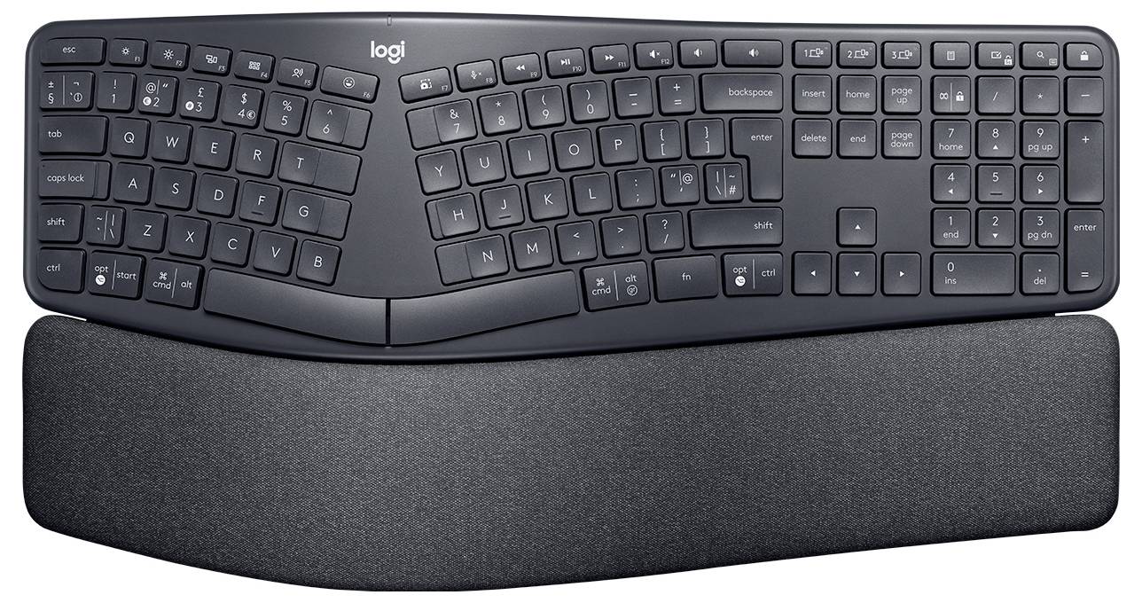 Schwarze ergonomische Logitech Vollformat-Tastatur mit geteiltem, gekrümmtem Layout und abnehmbarer gepolsterter Handgelenkauflage.