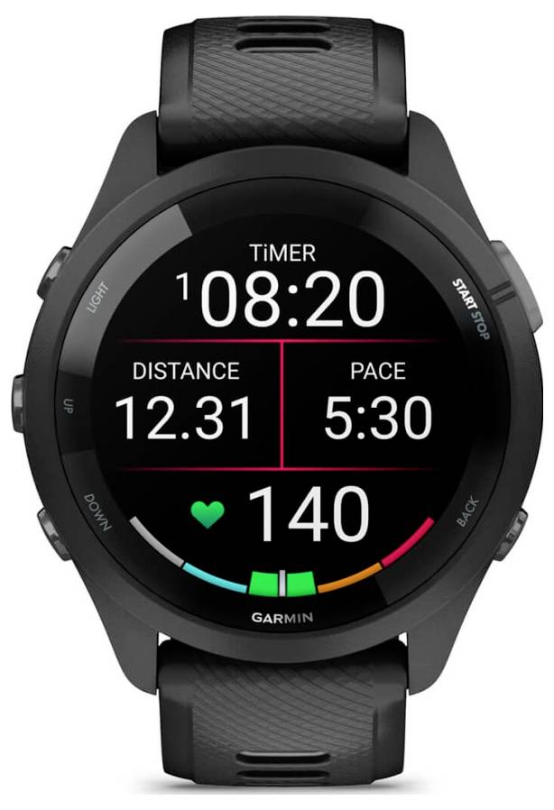 Garmin-Smartwatch zeigt Trainingsstatistiken an: Timer 08:20, Entfernung 12,31, Tempo 5:30 und Herzfrequenz 140.