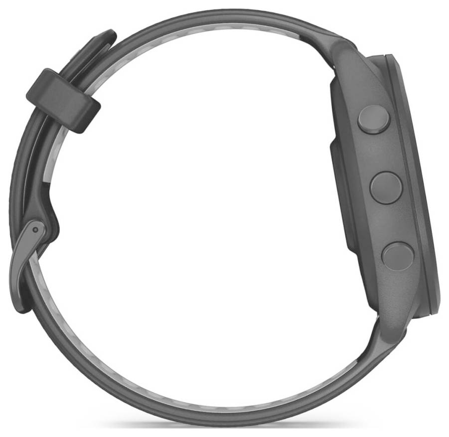 Graues Smartwatch-Armband, isoliert auf weißem Hintergrund, mit Dornschließe und drei Seitentasten am Uhrengehäuse.