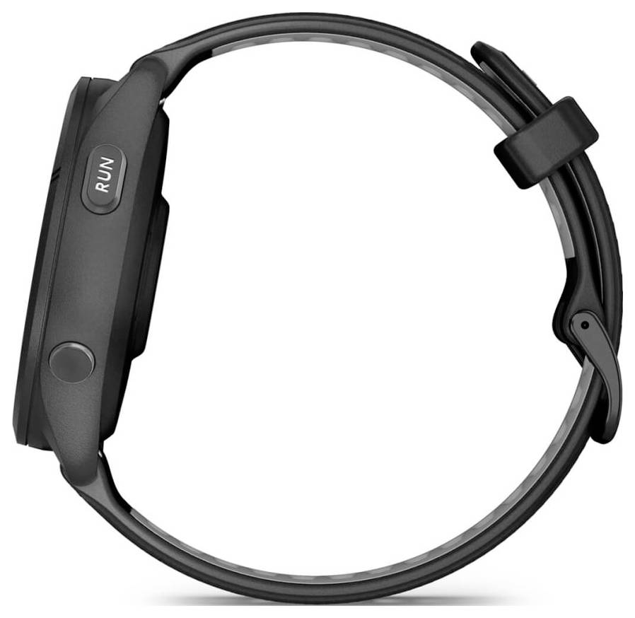 Schwarzer Fitness-Tracker oder Smartwatch in Seitenansicht mit rundem Band und sichtbarem 